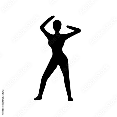 Silhouette of woman with hands up, performing dance or exercise movement