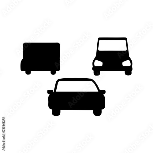 Black and white image displaying front views of three different types of cars