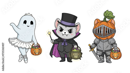 Cute Halloween Characters: Adorable cartoon characters embodying the spirit of Halloween, each in their unique costume: a ghostly ballerina, a vampire mouse, and a pumpkin-headed knight.
