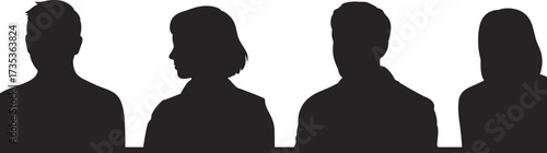 Black silhouette of four people, male and female figures, front view, hairstyle variation, anonymous individuals, minimal design, identity concept, white background illustration, posture study