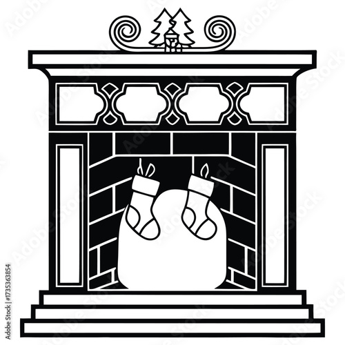 A black silhouette of a fireplace with stockings