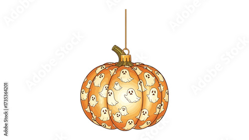 Spooky Pumpkin Ornament: A festive pumpkin ornament, adorned with charming ghost illustrations, suspended gracefully, capturing the essence of Halloween spirit. 