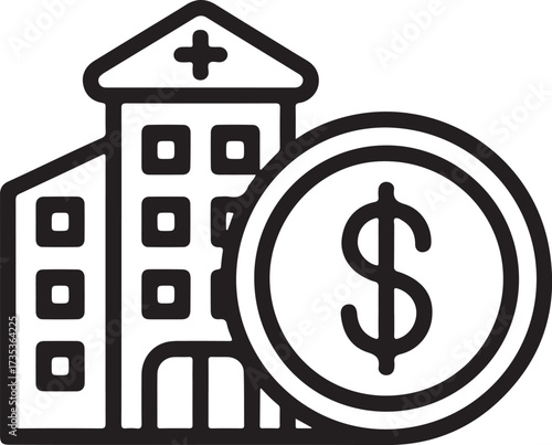 Hospital building and dollar coin symbolizing healthcare costs and finance
