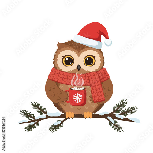 A charming flat 2D vector illustration shows a cute owl wearing a warm knitted scarf and a tiny Santa hat, sitting on a snowy branch with a steaming mug of hot cocoa against a clean white background.