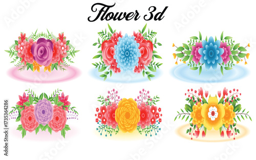 Collection of 3D Flower Arrangements Featuring Roses Chrysanthemums and Assorted Foliage in Various Colors Placed on Lightly Shaded Backgrounds