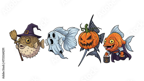 Halloween Fish Fantasy: A whimsical and captivating illustration features an ensemble of creatively costumed fish ready to celebrate Halloween. Each fish embodies a classic Halloween character.