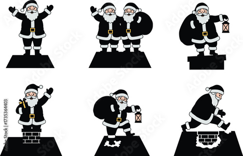 Santa Claus cartoon illustrations, festive chimney scenes, Christmas vector graphics, holiday character poses, lantern and gift elements, seasonal clipart, winter celebration icons
