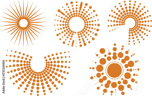 Collection of Abstract Orange Sunburst and Dot Patterns on White Background