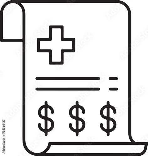 Medical bill with plus sign and dollar signs icon representing healthcare costs