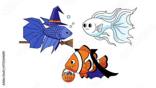 Fishtastic Halloween: Three cartoonish fish creatively embody Halloween characters: a witch, a ghost, and a vampire, celebrating the festive spirit with whimsy and charm.