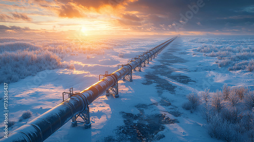 Oil pipeline stretches across frozen landscape at sunset Generative AI