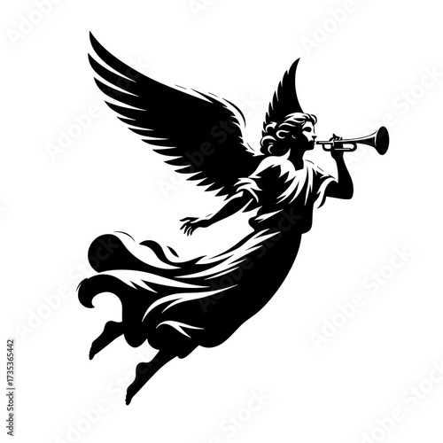 Angel blowing trumpet silhouette on transparent background