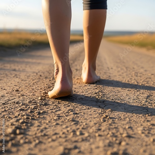 Barefoot journey along a sunlit path, seeking grounded connection with earth and tranquility
