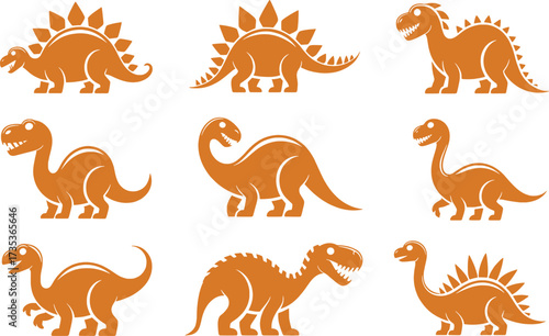 Collection of Cute Orange Dinosaur Illustrations on White Background