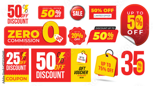 Collection of promotional stickers and badges for sales and discounts