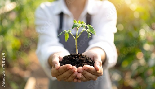 Konstfotografi Person holding small plant with tomatoes in hands