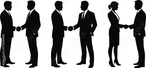 Business handshake silhouettes, professional agreement, corporate deal, formal attire, black figures, teamwork gesture, office communication, mutual trust, partnership concept, business success, 