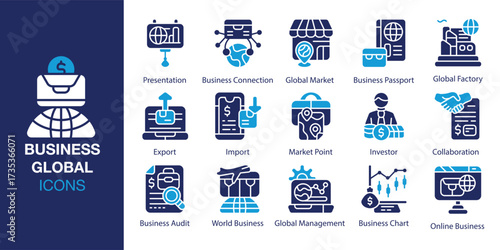 Business Global icon set. Containing communication, data, digital, exchange, marketing and more. Solid vector icons collection. Vector illustration.