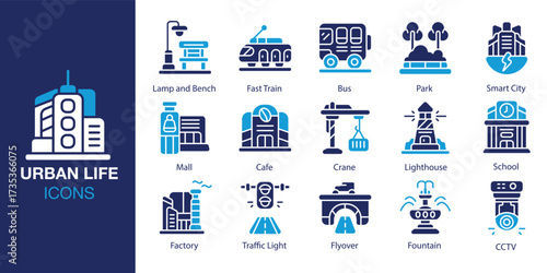 Urban Life icon set. Containing travel, cityscape, summer, town, outside and more. Solid vector icons collection. Vector illustration.