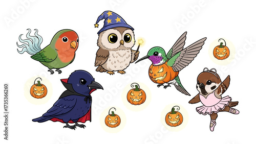 Whimsical Halloween Collection: A captivating collection of Halloween-themed bird illustrations, showcasing the enchantment of Halloween through adorable and vibrant art. 