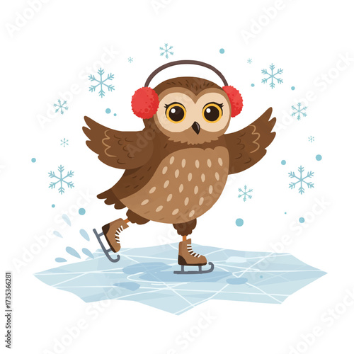 A joyful owl wearing earmuffs and skates gracefully ice skates on a frozen pond amidst gentle snowflakes, a vibrant 2D flat vector illustration capturing whimsical winter fun on a white background.