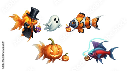 Halloween Fish Costume: whimsical marine creatures adorning Halloween-themed costumes, each embodying a festive, spooky spirit. 