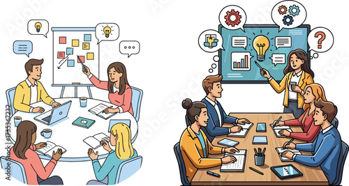 Business meeting, brainstorming session, teamwork, corporate strategy, office collaboration, digital presentation, creative planning, professional discussion, technology integration, leadership