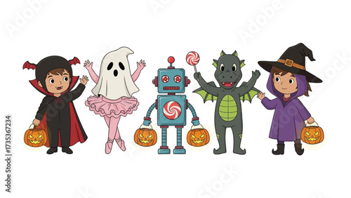 Halloween Costume Parade: A whimsical parade of children dressed in charming Halloween costumes, including a vampire, ghost, robot, dragon, and witch, eagerly displaying their trick-or-treat pumpkins.