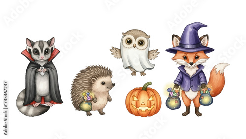 Halloween Animals Delight: A charming collection of adorable animals in Halloween costumes, including a sugar glider, hedgehog, owl, fox and pumpkin.