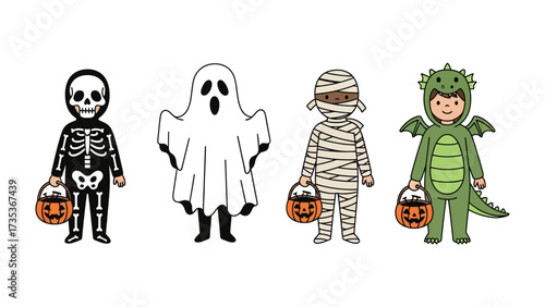 Spooky Costume Parade: Four costumed figures, a skeleton, a ghost, a mummy, and a dragon, eagerly await their Halloween adventure, holding classic jack-o'-lantern treat bags. 