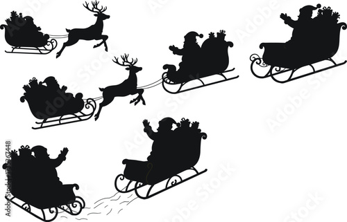 Santa Claus sleigh silhouettes, reindeer flying poses, festive Christmas vector clipart, holiday gift scenes, black and white illustrations, seasonal celebration icons, winter graphics