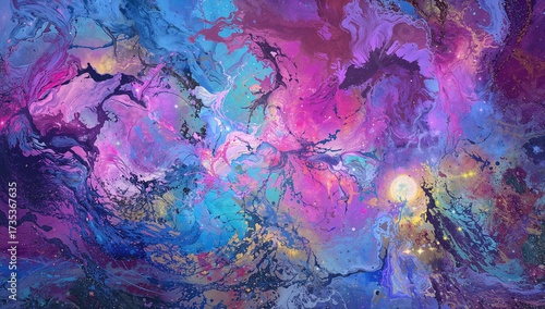 A vibrant, abstract painting of a colorful cosmic nebula with a celestial body and a mysterious figure.