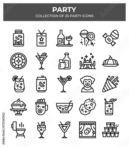 Party Icons Collection. 25 Unique Line Art Designs for Festive Celebrations