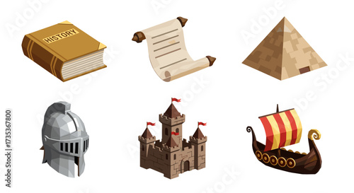 Vector art of set of historical icons featuring book, scroll, pyramid, helmet, castle, and viking ship