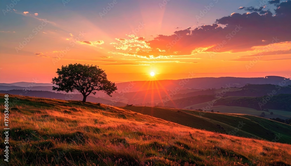 Obraz premium Vibrant Sunset Over Rolling Hills with a Solitary Tree Radiating Warm Light in a Scenic Landscape Filled with Golden Hues and Dramatic Clouds