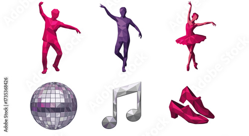 Vector art of set of lowpoly dancers, disco ball, music note, and shoes