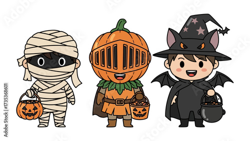 Whimsical Halloween Trio: Three adorable characters donned in festive costumes, complete with smiling faces and trick-or-treat baskets, ready to spread Halloween cheer.