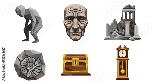 Vector art of set of ancient statue, face, ruin, fossil, chest, and clock