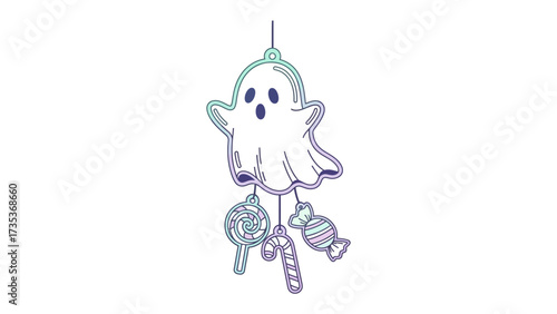 Haunted Delight: A cute and friendly ghost, decorated with sweet candies, a whimsical symbol of the Halloween season.