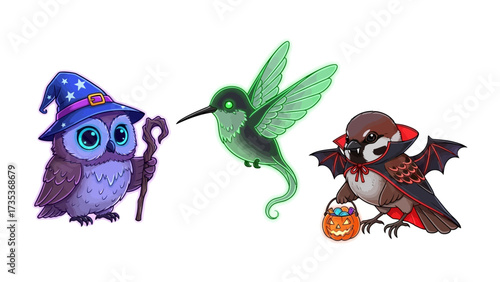 Halloween Birds illustration: A whimsical illustration of three stylized Halloween birds, each with a unique costume, conjuring the spirit of the season.
