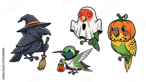 Halloween Avian Spectacle: A whimsical illustration showcasing four adorable birds dressed up in festive Halloween costumes. The scene depicts a raven, a ghost.