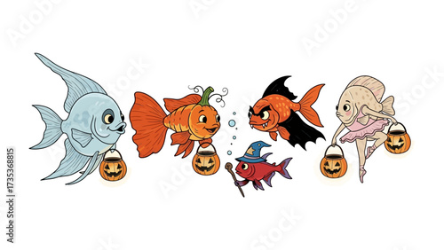 Halloween Fantasy Fish: A delightful gathering of whimsical fish dressed up for Halloween, each carrying a pumpkin lantern and exuding a joyful, festive vibe in this vibrant illustration.