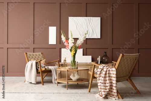 Wicker armchairs, table and...