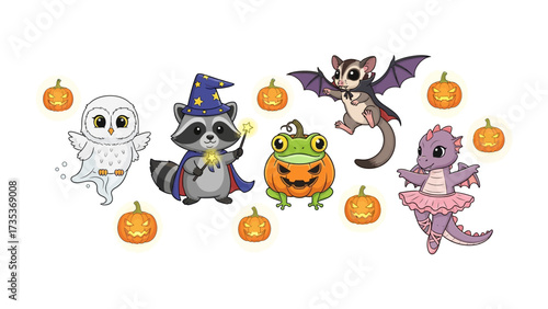 Whimsical Halloween Menagerie: Delightful cartoon characters celebrate Halloween with charm and spirit.