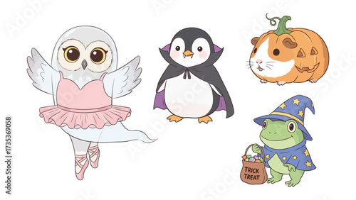 Whimsical Halloween Friends: Playful creatures dressed up for Halloween, a ghost owl, a vampire penguin, a pumpkin guinea pig, and a wizard frog. Celebrating the festive season with adorable charm. 