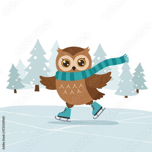 A cheerful owl on tiny blue ice skates gracefully glides across a smooth frozen pond, surrounded by minimalist snow-covered pine trees in a vibrant 2D vector illustration.