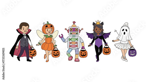 Whimsical Halloween Parade: A vibrant illustration of children, adorned in delightful Halloween costumes, parade with enthusiasm.