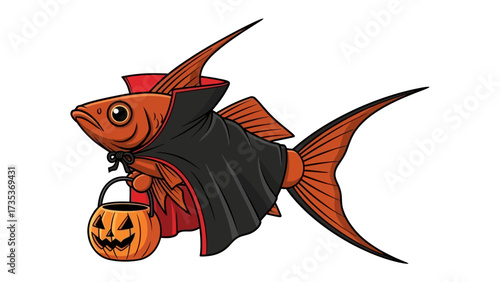 Halloween Fish Costume: An adorable illustration of a goldfish dressed up for Halloween, donning a cape, and carrying a pumpkin bucket, celebrating the holiday spirit in a playful manner.