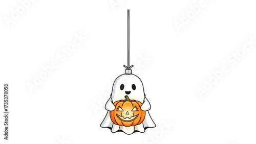Cute Ghost with Pumpkin : A cheerful ghost cuddles a carved pumpkin, a symbol of Halloween's playful and spooky fun.&#x20;