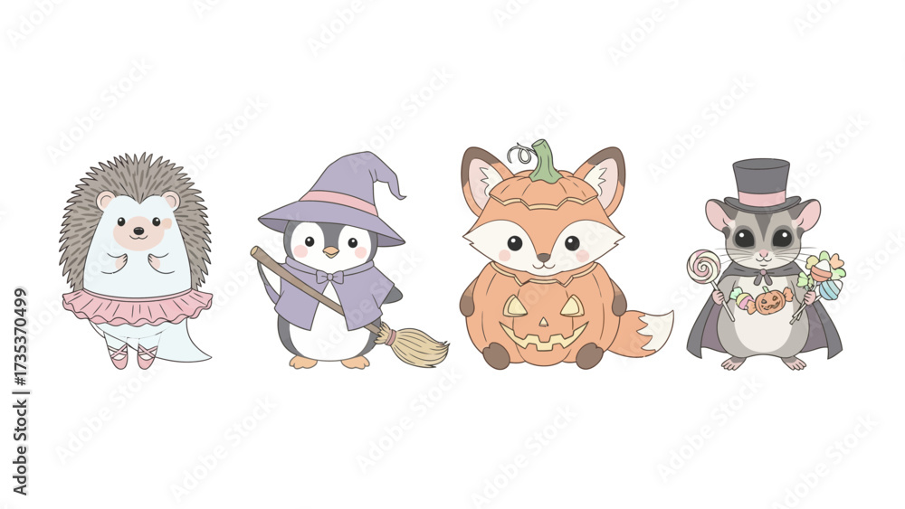 Obraz premium Adorable Halloween Friends: A charming illustration presents a delightful ensemble of dressed-up woodland creatures ready for Halloween.